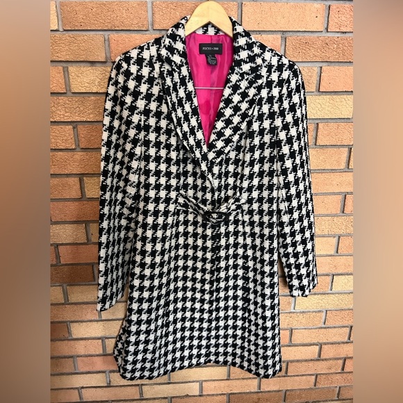 Focus 2000 Black & White Houndstooth Check Long Buttoned Coat Size 6 - Picture 1 of 8